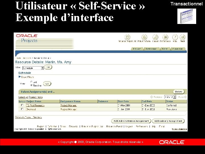 Utilisateur « Self-Service » Exemple d’interface « Copyright 2003, Oracle Corporation. Tous droits réservés