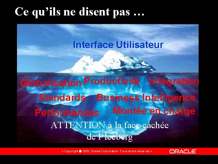 Ce qu’ils ne disent pas … Interface Utilisateur Globalisation Productivité Intégration Standards Business Intelligence