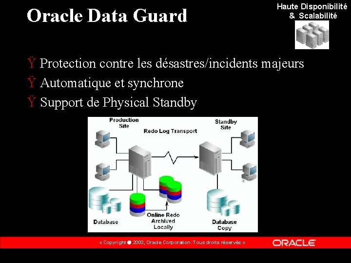 Oracle Data Guard Haute Disponibilité & Scalabilité Ÿ Protection contre les désastres/incidents majeurs Ÿ