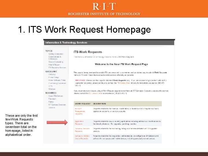 1. ITS Work Request Homepage These are only the first few Work Requests types.