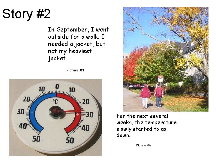 Story #2 In September, I went outside for a walk. I needed a jacket,