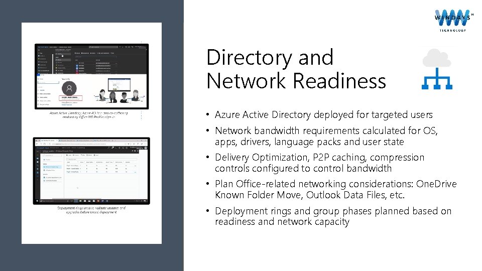 Directory and Network Readiness • Azure Active Directory deployed for targeted users • Network