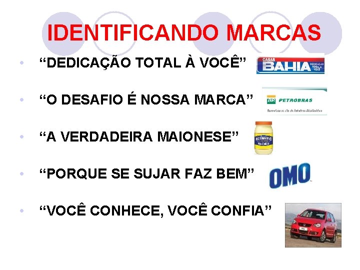 IDENTIFICANDO MARCAS • “DEDICAÇÃO TOTAL À VOCÊ” • “O DESAFIO É NOSSA MARCA” •