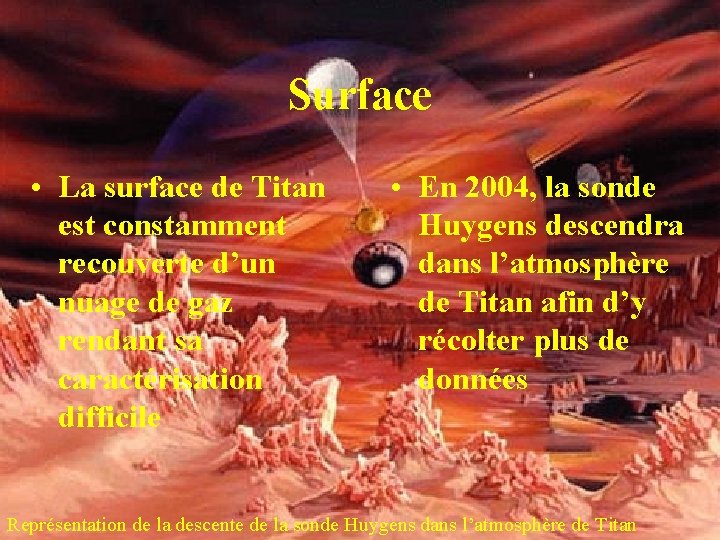 Surface • La surface de Titan est constamment recouverte d’un nuage de gaz rendant