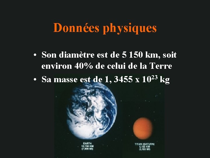 Données physiques • Son diamètre est de 5 150 km, soit environ 40% de