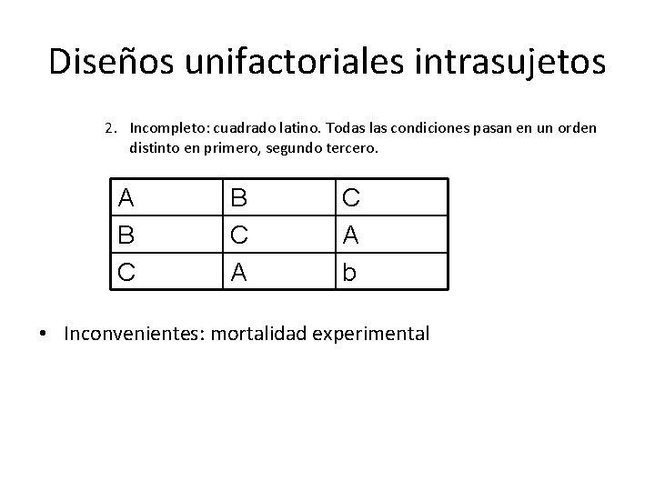 Diseños unifactoriales intrasujetos 2. Incompleto: cuadrado latino. Todas las condiciones pasan en un orden