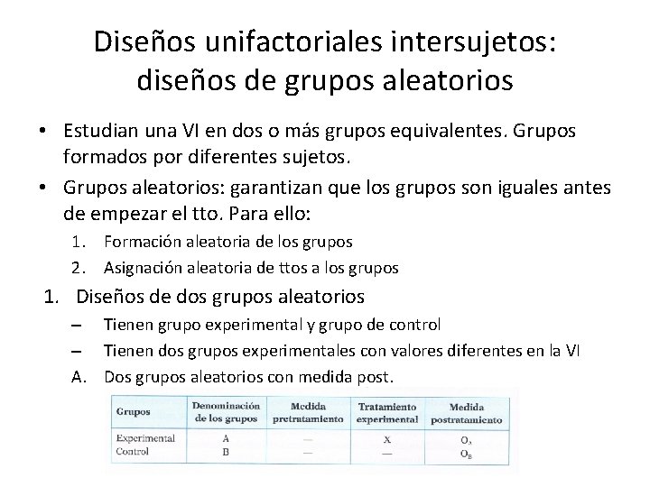 Diseños unifactoriales intersujetos: diseños de grupos aleatorios • Estudian una VI en dos o