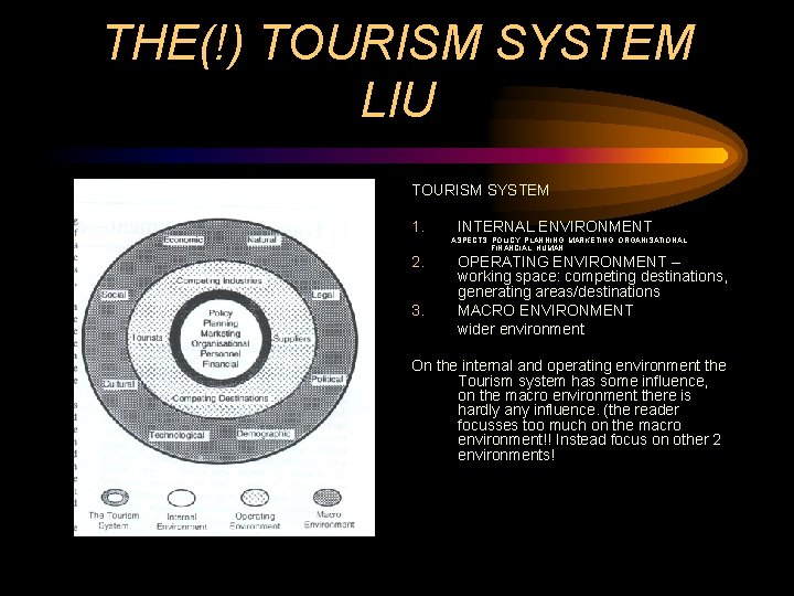 THE(!) TOURISM SYSTEM LIU TOURISM SYSTEM 1. INTERNAL ENVIRONMENT ASPECTS: POLICY, PLANNING, MARKETING, ORGANISATIONAL,