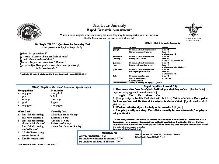 Saint Louis University Rapid Geriatric Assessment* *There is no copyright on these screening tools