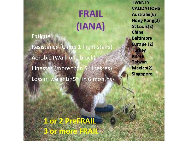 Fatigue FRAIL (IANA) Resistance (Climb 1 flight stairs) Aerobic (Walk one block) Illnesses (more