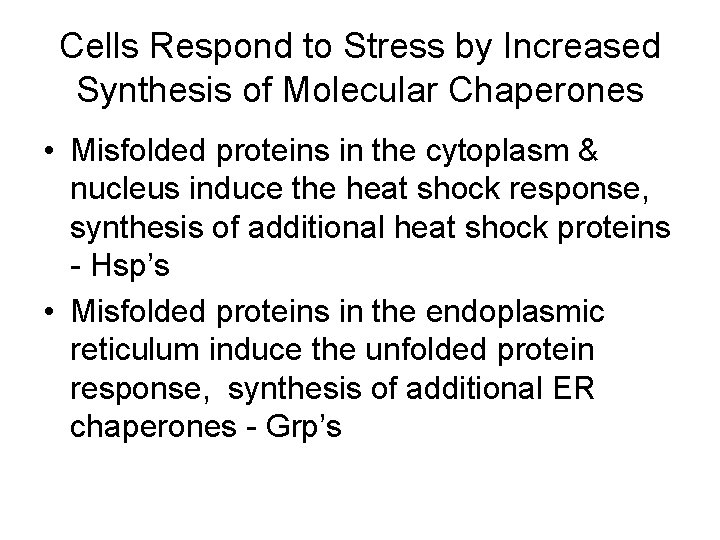 Cells Respond to Stress by Increased Synthesis of Molecular Chaperones • Misfolded proteins in Cells Respond to Stress by Increased Synthesis of Molecular Chaperones • Misfolded proteins in
