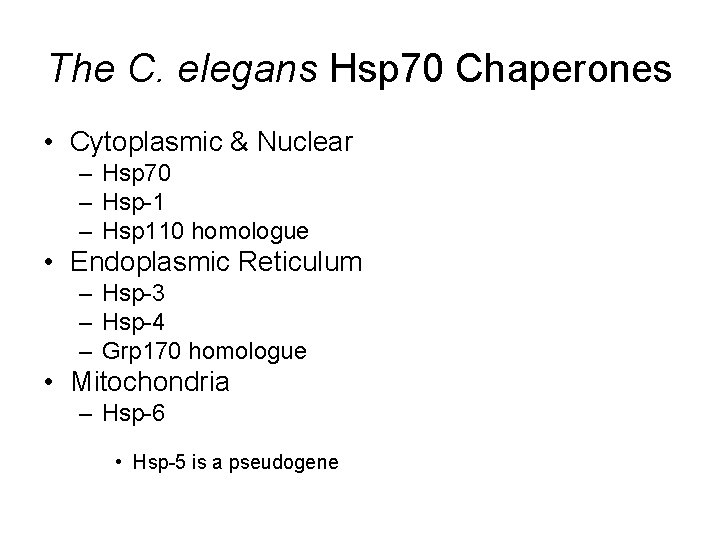 The C. elegans Hsp 70 Chaperones • Cytoplasmic & Nuclear – Hsp 70 – The C. elegans Hsp 70 Chaperones • Cytoplasmic & Nuclear – Hsp 70 –