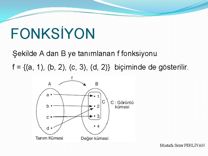 FONKSİYON Şekilde A dan B ye tanımlanan f fonksiyonu f = {(a, 1), (b,