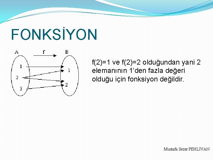 FONKSİYON f(2)=1 ve f(2)=2 olduğundan yani 2 elemanının 1’den fazla değeri olduğu için fonksiyon