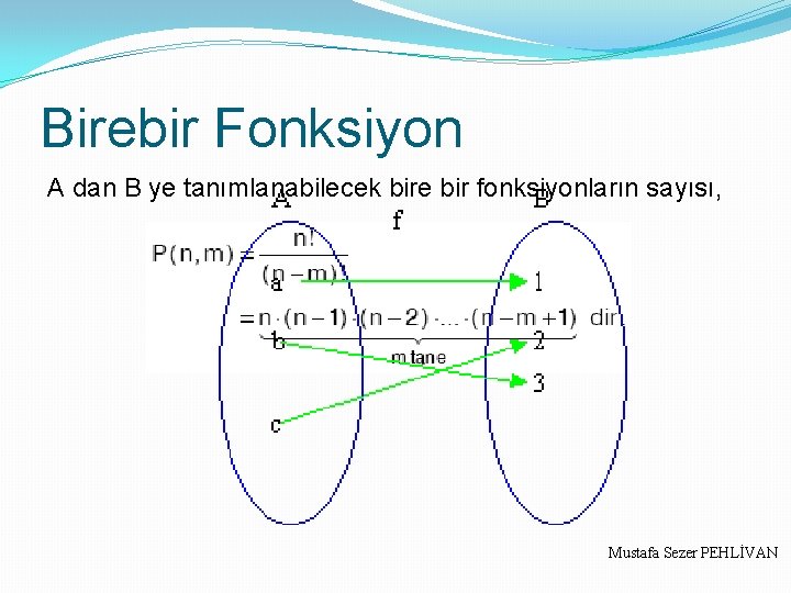 Birebir Fonksiyon A dan B ye tanımlanabilecek bire bir fonksiyonların sayısı, Mustafa Sezer PEHLİVAN