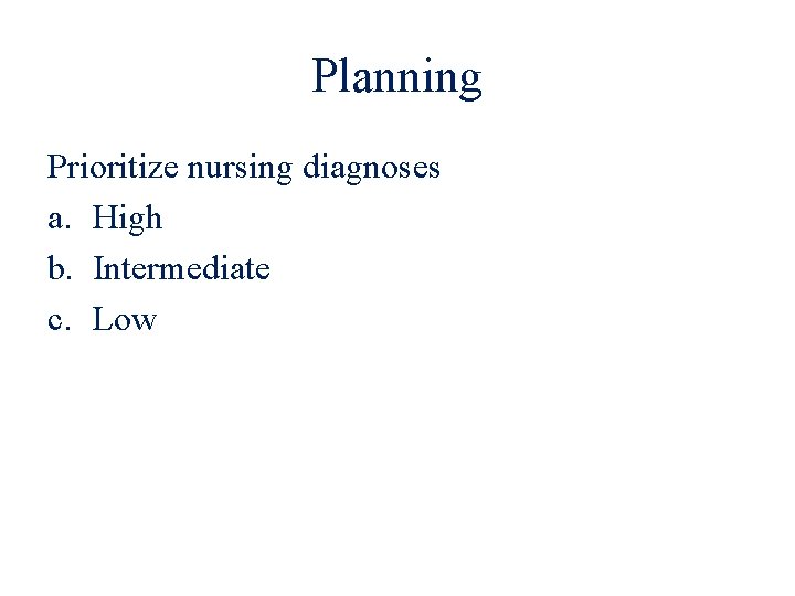 Planning Prioritize nursing diagnoses a. High b. Intermediate c. Low 