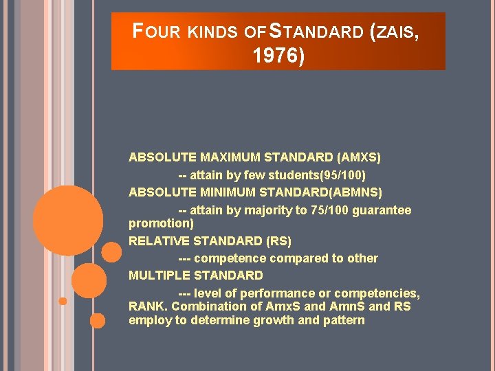 FOUR KINDS OF STANDARD (ZAIS, 1976) ABSOLUTE MAXIMUM STANDARD (AMXS) -- attain by few FOUR KINDS OF STANDARD (ZAIS, 1976) ABSOLUTE MAXIMUM STANDARD (AMXS) -- attain by few
