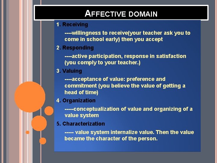 AFFECTIVE DOMAIN 1. Receiving ----willingness to receive(your teacher ask you to come in school
