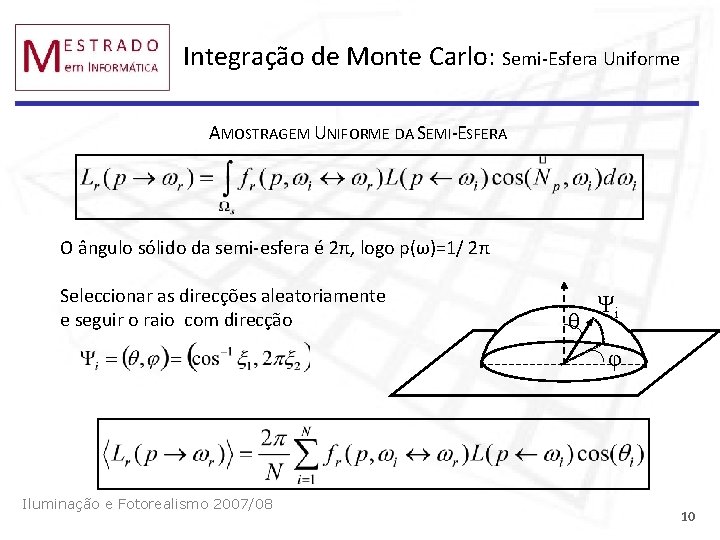 Integração de Monte Carlo: Semi-Esfera Uniforme AMOSTRAGEM UNIFORME DA SEMI-ESFERA O ângulo sólido da