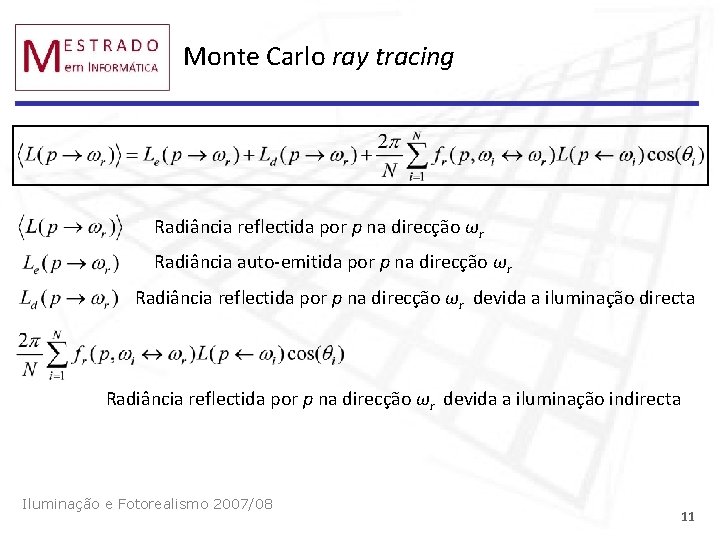 Monte Carlo ray tracing Radiância reflectida por p na direcção ωr Radiância auto-emitida por
