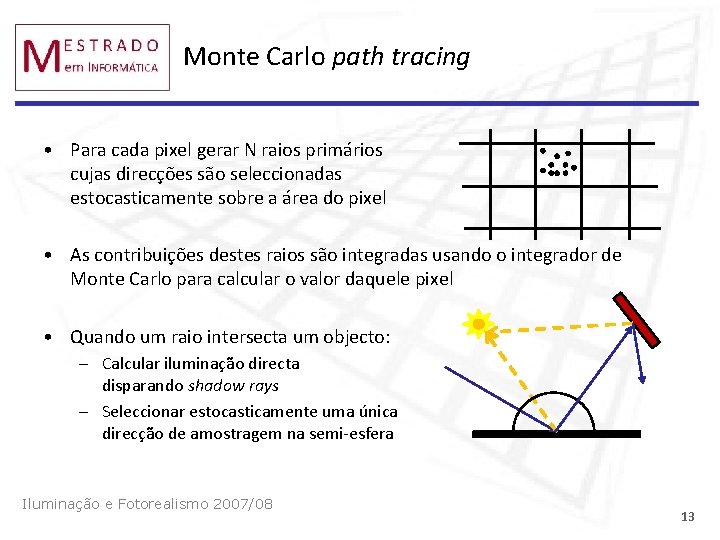 Monte Carlo path tracing • Para cada pixel gerar N raios primários cujas direcções