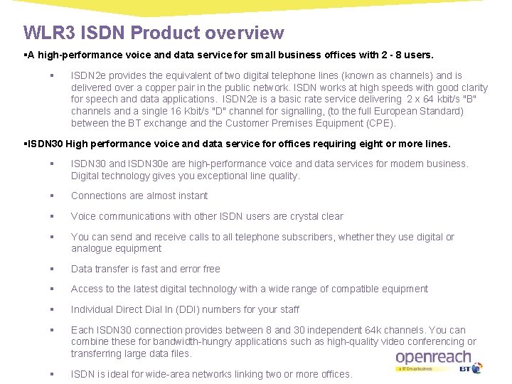 WLR 3 ISDN Product overview §A high-performance voice and data service for small business