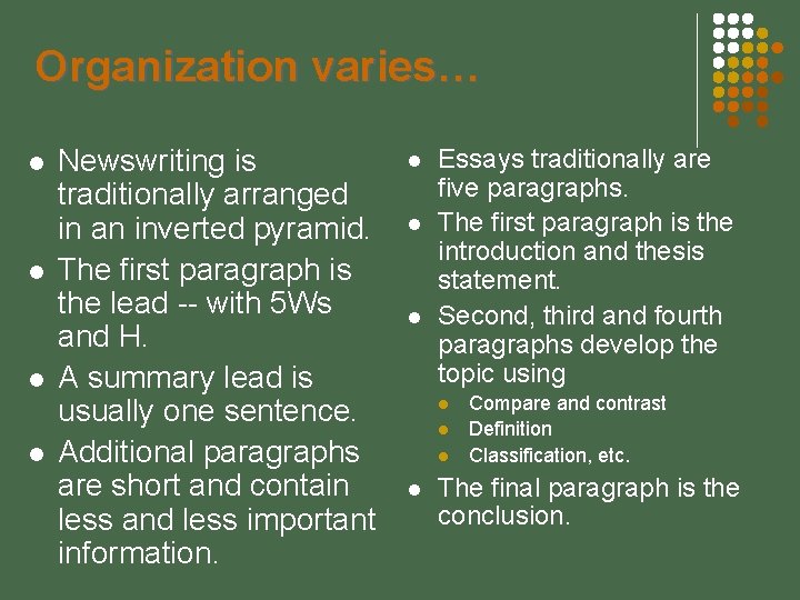 Organization varies… Newswriting is traditionally arranged in an inverted pyramid. The first paragraph is
