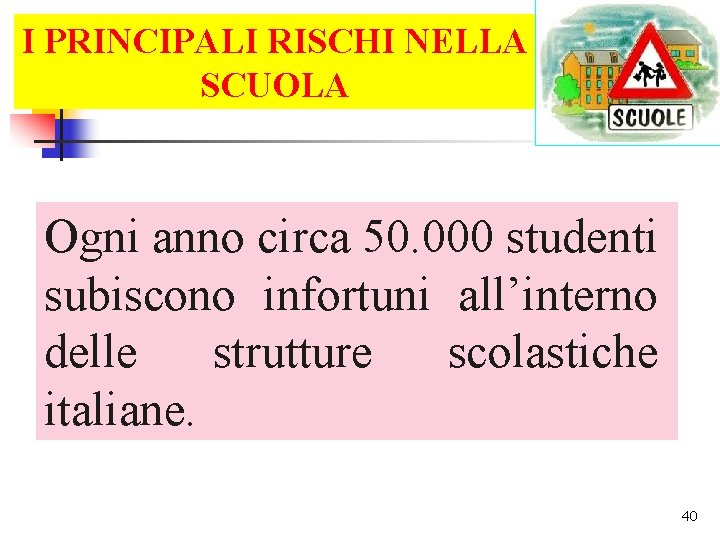 I PRINCIPALI RISCHI NELLA SCUOLA Ogni anno circa 50. 000 studenti subiscono infortuni all’interno