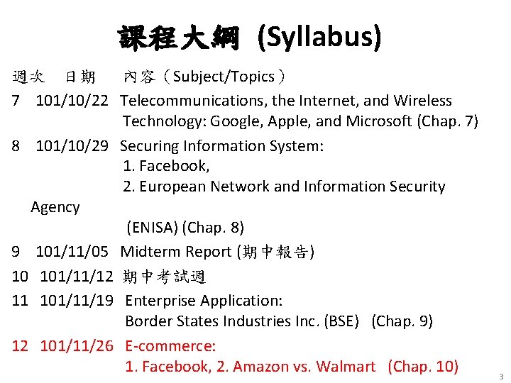 課程大綱 (Syllabus) 週次 日期 內容（Subject/Topics） 7 101/10/22 Telecommunications, the Internet, and Wireless Technology: Google,