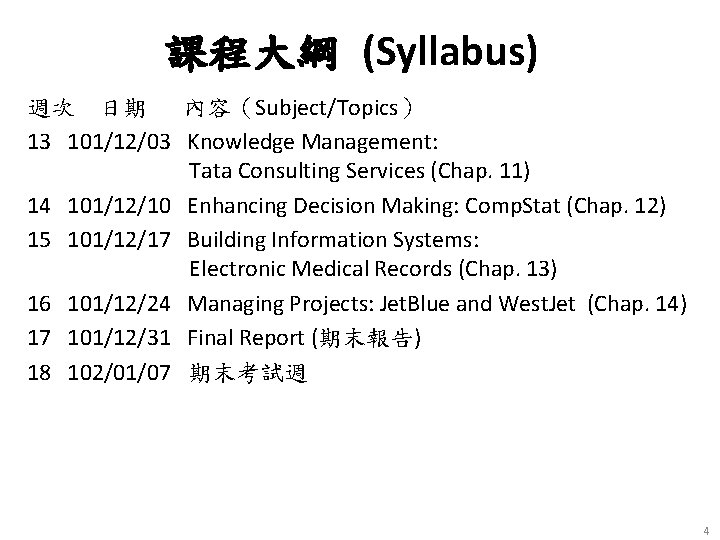 課程大綱 (Syllabus) 週次 日期 內容（Subject/Topics） 13 101/12/03 Knowledge Management: Tata Consulting Services (Chap. 11)