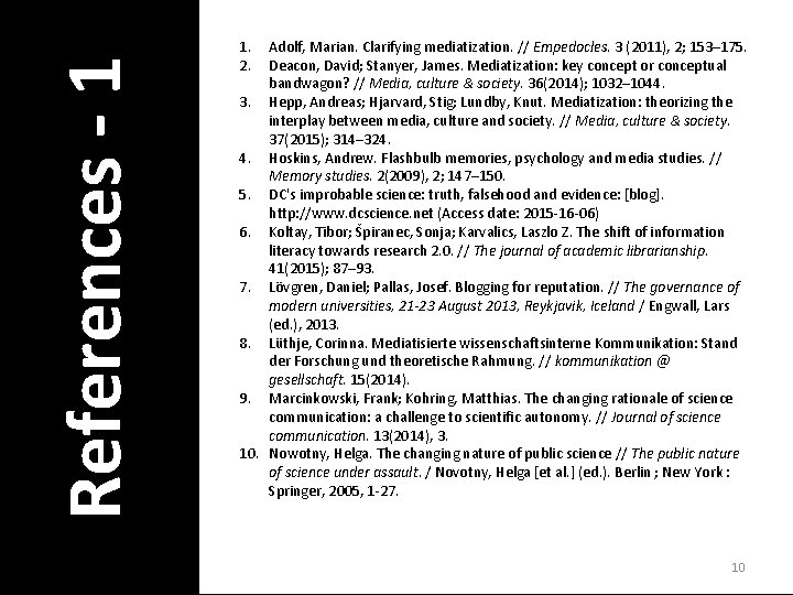 References - 1 1. 2. Adolf, Marian. Clarifying mediatization. // Empedocles. 3 (2011), 2;