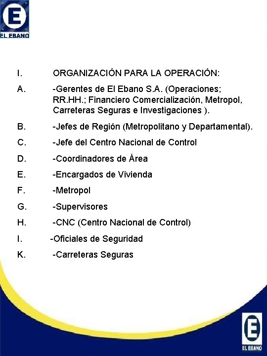 I. ORGANIZACIÓN PARA LA OPERACIÓN: A. -Gerentes de El Ebano S. A. (Operaciones; RR.