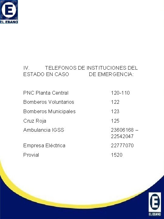  IV. TELEFONOS DE INSTITUCIONES DEL ESTADO EN CASO DE EMERGENCIA: PNC Planta Central