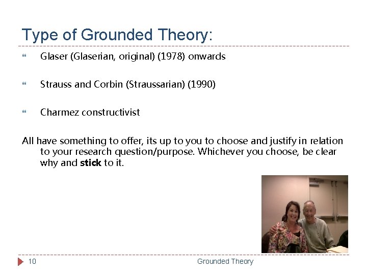 Type of Grounded Theory: Glaser (Glaserian, original) (1978) onwards Strauss and Corbin (Straussarian) (1990)