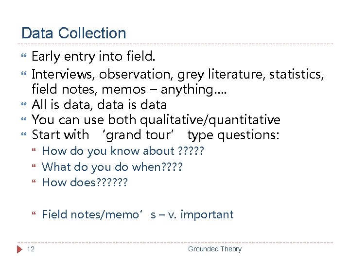 Data Collection Early entry into field. Interviews, observation, grey literature, statistics, field notes, memos
