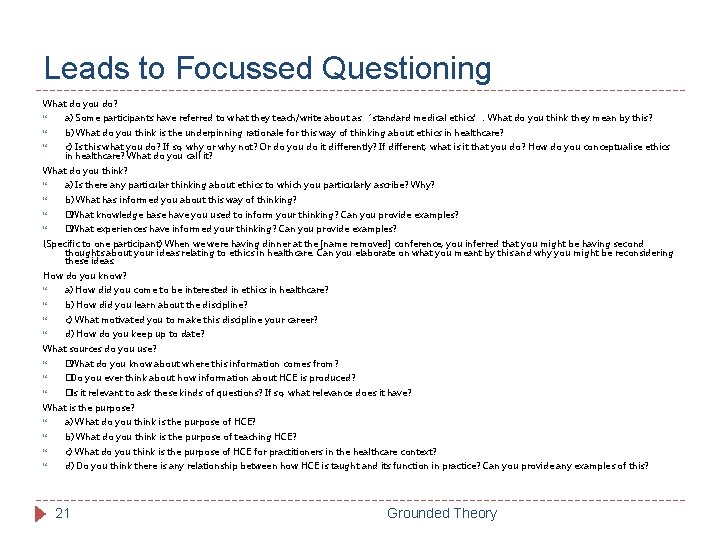 Leads to Focussed Questioning What do you do? a) Some participants have referred to