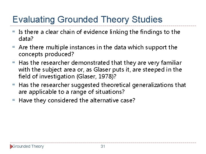 Evaluating Grounded Theory Studies Is there a clear chain of evidence linking the findings