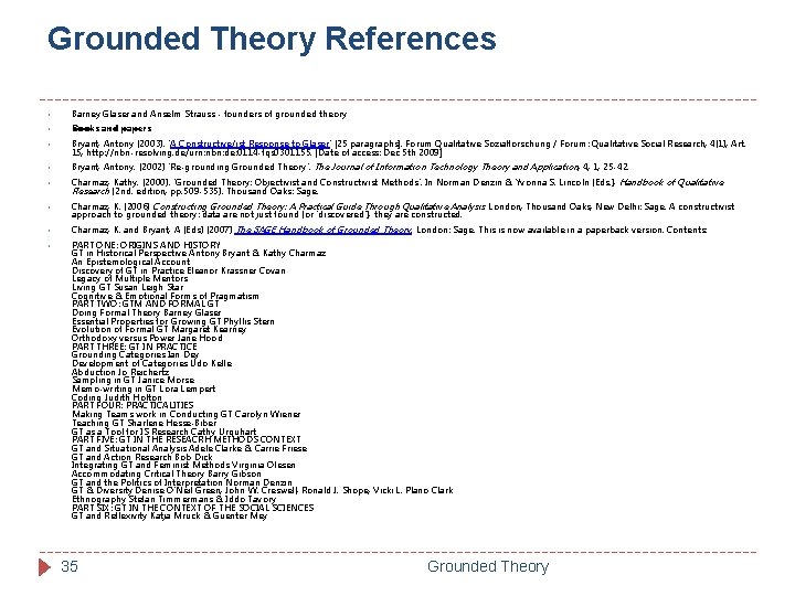Grounded Theory References • Barney Glaser and Anselm Strauss - founders of grounded theory