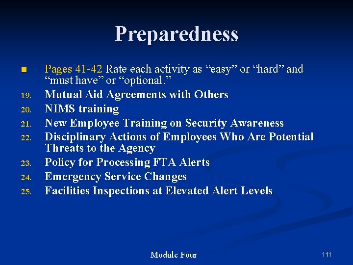 Preparedness n 19. 20. 21. 22. 23. 24. 25. Pages 41 -42 Rate each