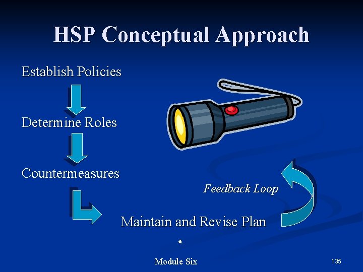 HSP Conceptual Approach Establish Policies Determine Roles Countermeasures Feedback Loop Maintain and Revise Plan