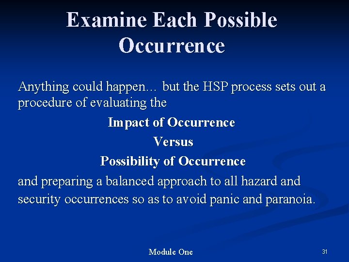 Examine Each Possible Occurrence Anything could happen… but the HSP process sets out a