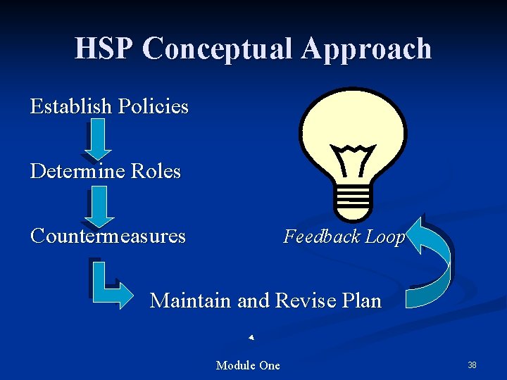 HSP Conceptual Approach Establish Policies Determine Roles Countermeasures Feedback Loop Maintain and Revise Plan