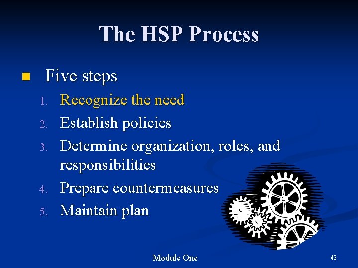 The HSP Process n Five steps 1. 2. 3. 4. 5. Recognize the need