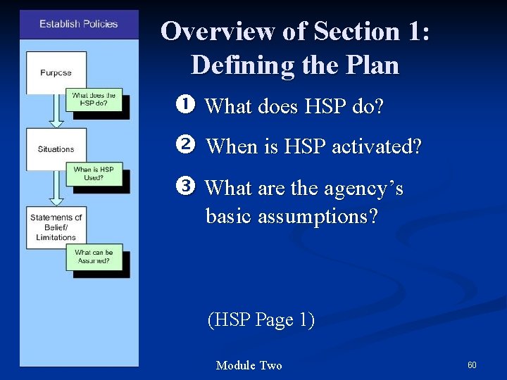 Overview of Section 1: Defining the Plan What does HSP do? When is HSP