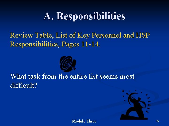 A. Responsibilities Review Table, List of Key Personnel and HSP Responsibilities, Pages 11 -14.