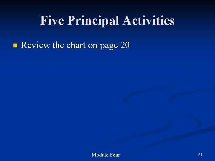 Five Principal Activities n Review the chart on page 20 Module Four 94 