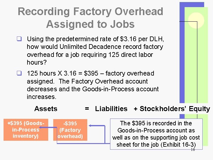 Recording Factory Overhead Assigned to Jobs q Using the predetermined rate of $3. 16