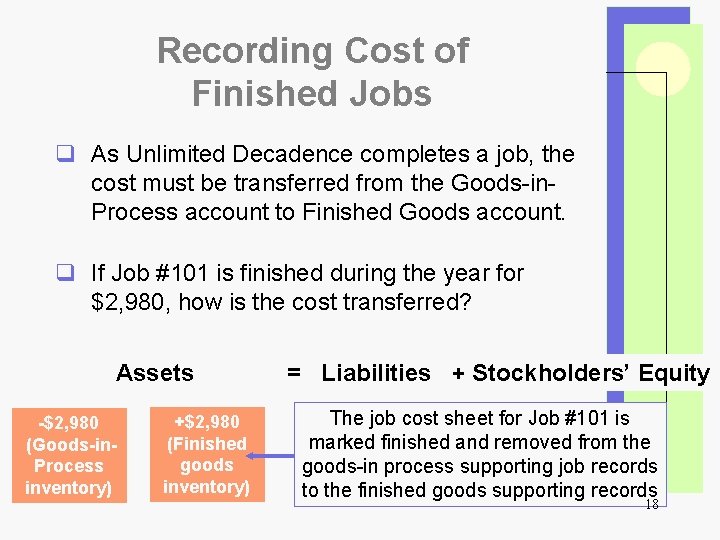 Recording Cost of Finished Jobs q As Unlimited Decadence completes a job, the cost