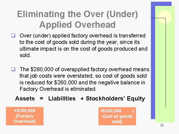 Eliminating the Over (Under) Applied Overhead q Over (under) applied factory overhead is transferred