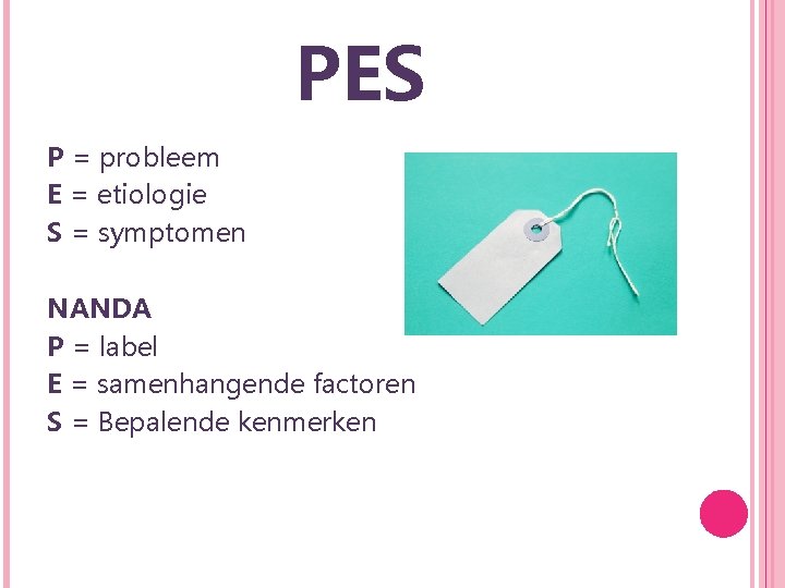 PES P = probleem E = etiologie S = symptomen NANDA P = label